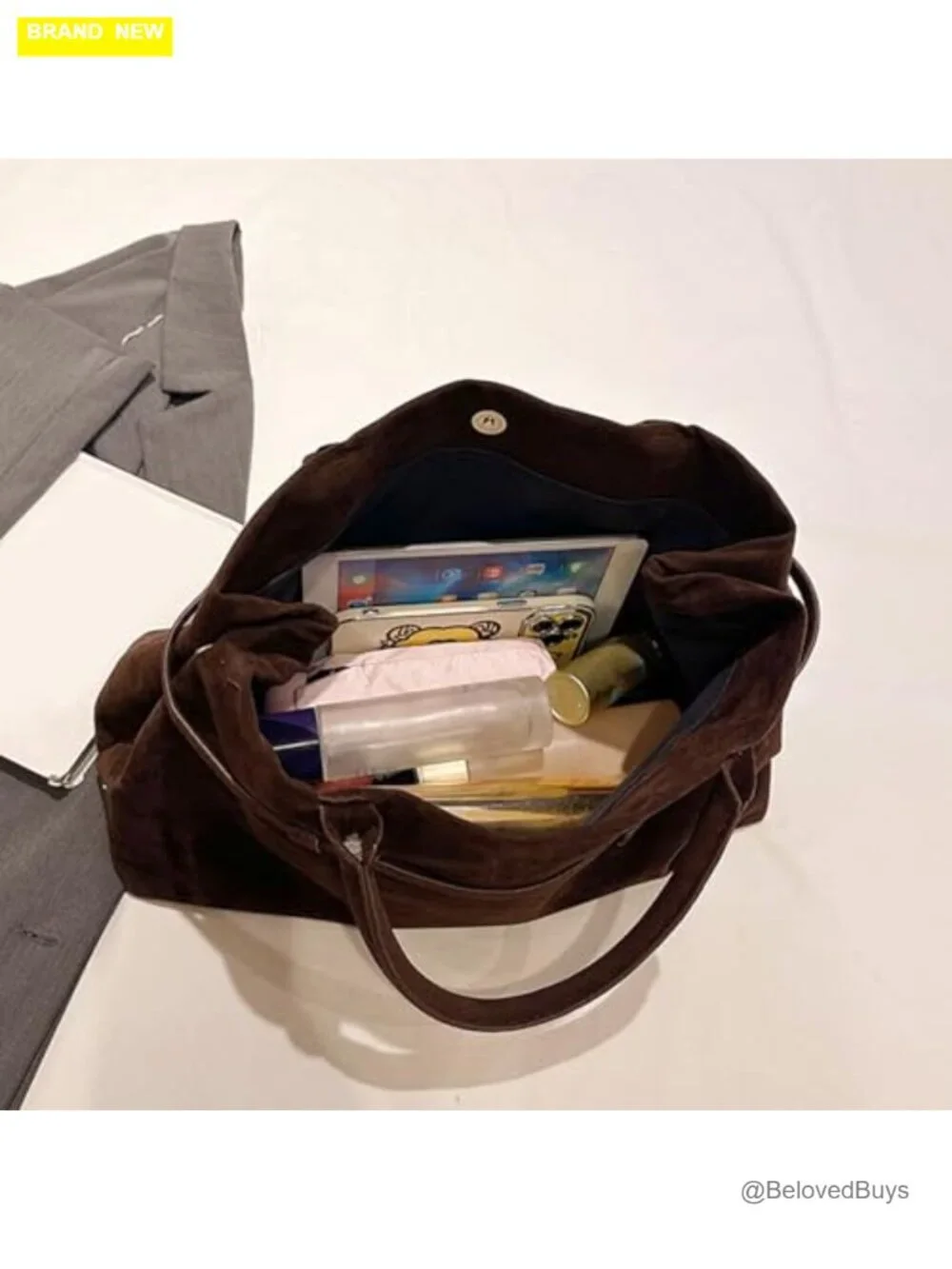 Vintage Faux Suede Satchel Tote Bag with Magnetic Closure